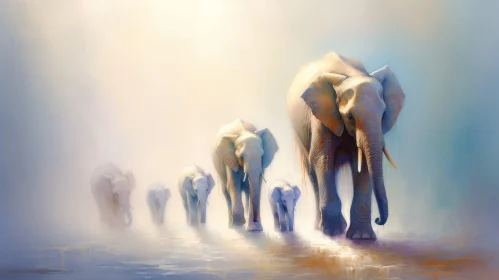 African Elephants Herd Painting in River