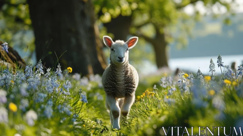 Captivating Lamb in a Green Field Full of Flowers AI Image