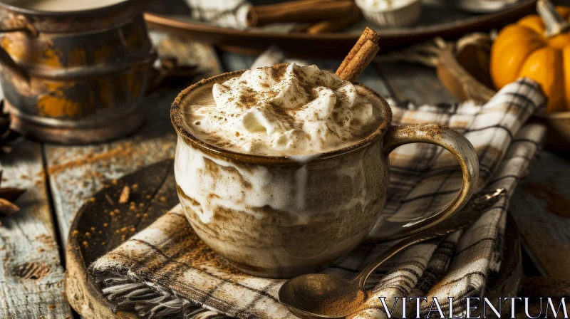AI ART Cozy Hot Chocolate with Whipped Cream and Cinnamon | Rustic Wood Table