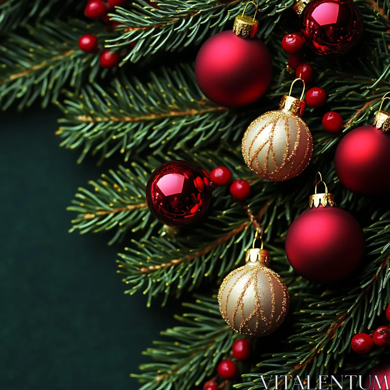 Festive Christmas Ornaments and Pine Branch AI Image