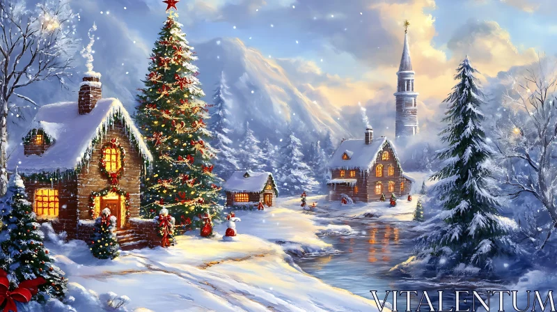 Charming Holiday Village Covered in Snow AI Image