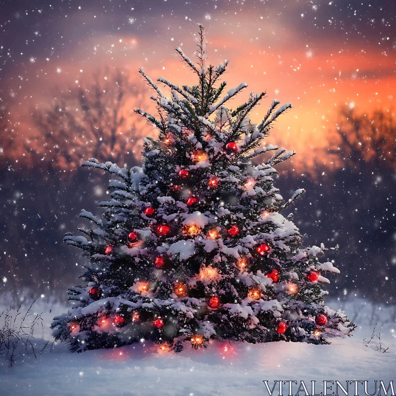 Snow-Covered Christmas Tree under Evening Sky AI Image