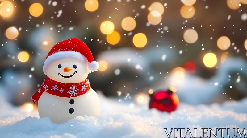 Smiling Snowman Amidst Christmas Lights and Falling Snow AI Image