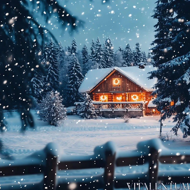 Warm Cabin Amidst a Snow-Covered Forest AI Image