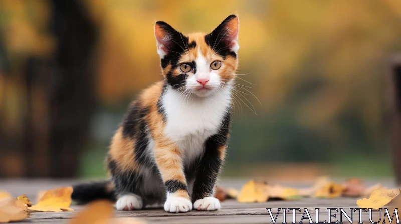 Adorable Calico Kitten in Autumn Setting AI Image