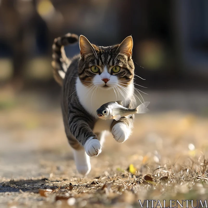 Running Cat Carrying a Fish AI Image