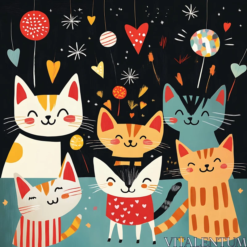 Playful Cat Illustration with Hearts and Stars AI Image