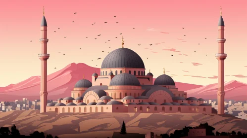 Desert Mosque Illustration: Tranquil Sunset Scene
