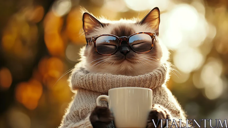 Cozy Cat with Glasses and Mug in Autumn Scene AI Image