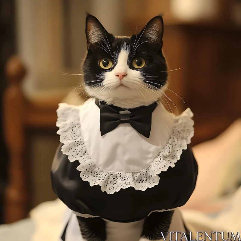 Charming Tuxedo Cat in Maid Outfit AI Image