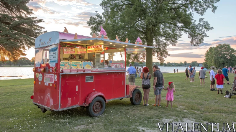 Ice Cream Truck on Grassy Field by the Lake AI Image