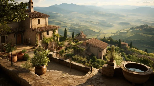 Italian Village at Sunset: A Harmony of Romanesque Architecture and Earth Tones