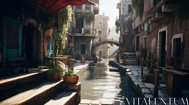 Italianate Flair: A Captivating City Canal in Vray Tracing Style AI Image