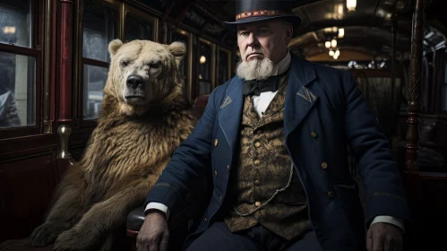 Man in Plaid Hat with Bear on Train - A Historical Drama