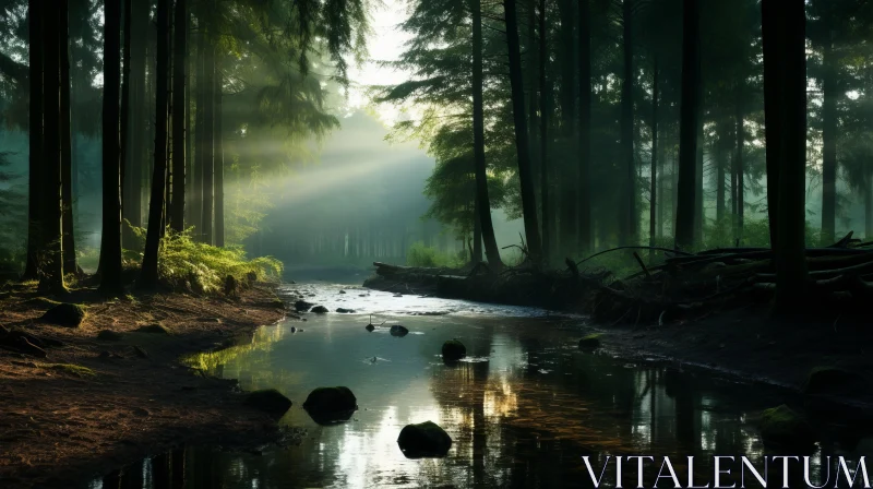 Sunlit Stream in Mystical Forest - Ethereal Nature Photography AI Image