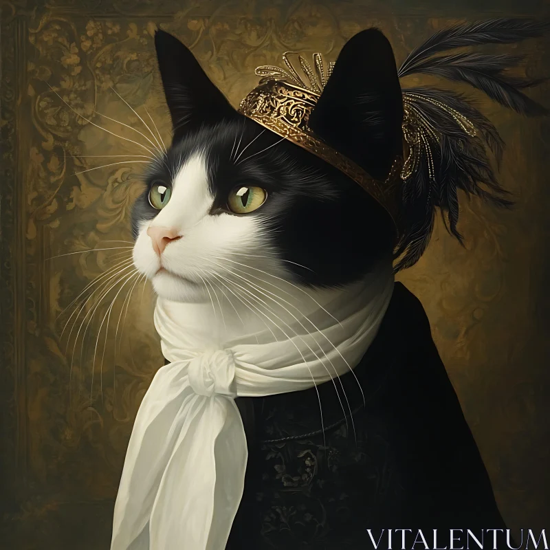 AI ART Noble Cat with Golden Crown and White Scarf