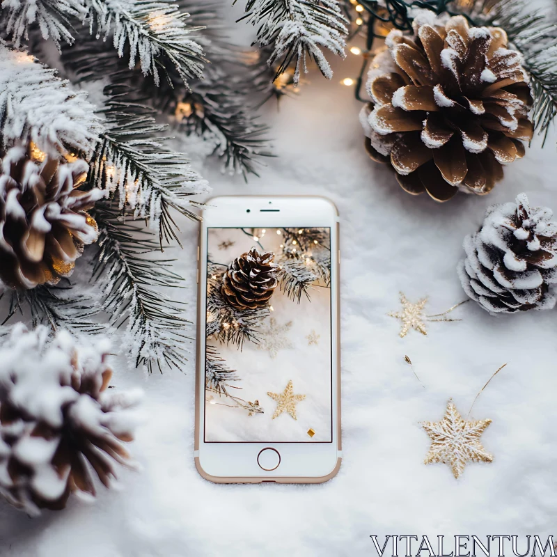 Festive Winter Pinecones Captured on Smartphone in Snow AI Image