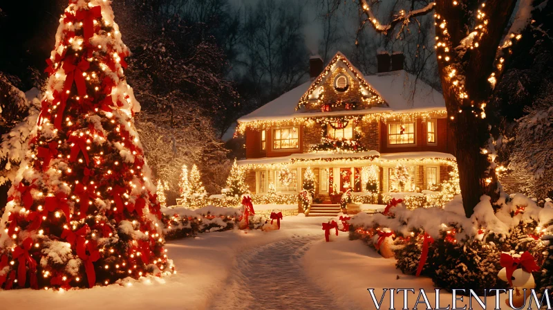 AI ART Illuminated Christmas House in Snow