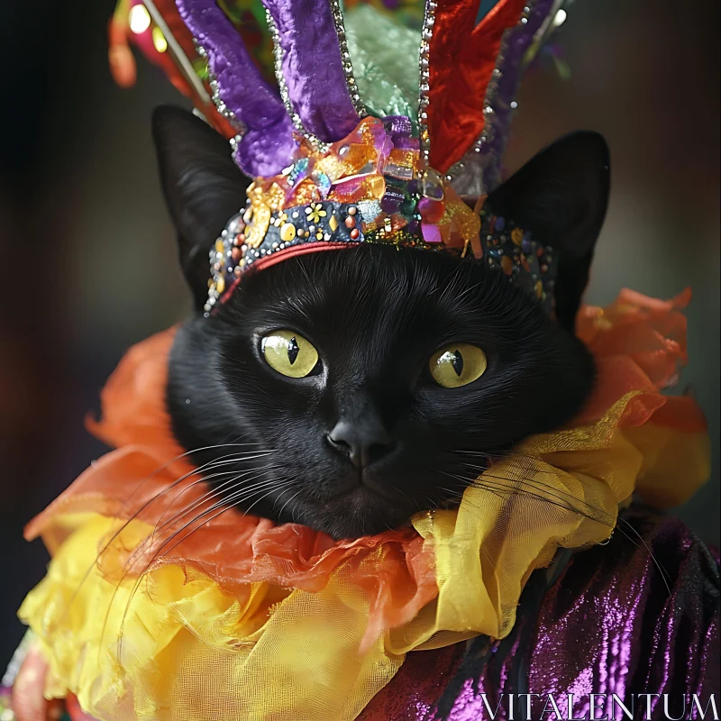 Festive Feline: Black Cat in Colorful Attire AI Image