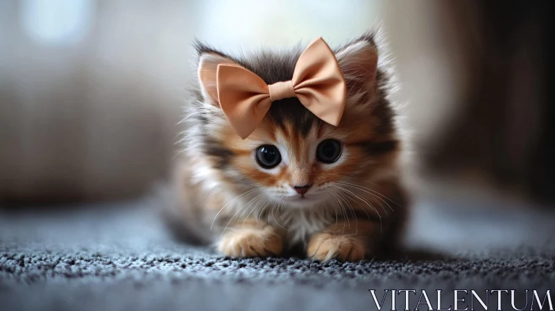 Sweet Kitten with a Peach Bow AI Image