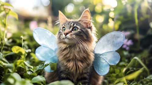 Graceful Tabby Fairy Cat in Lush Garden