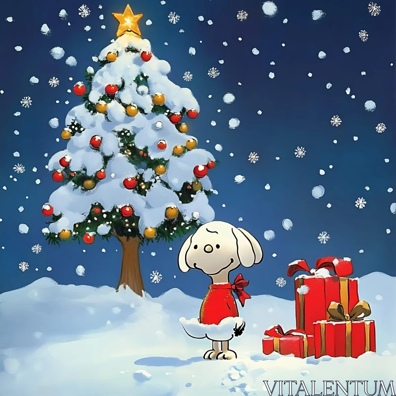 Festive Holiday Image with Dog and Christmas Tree AI Image