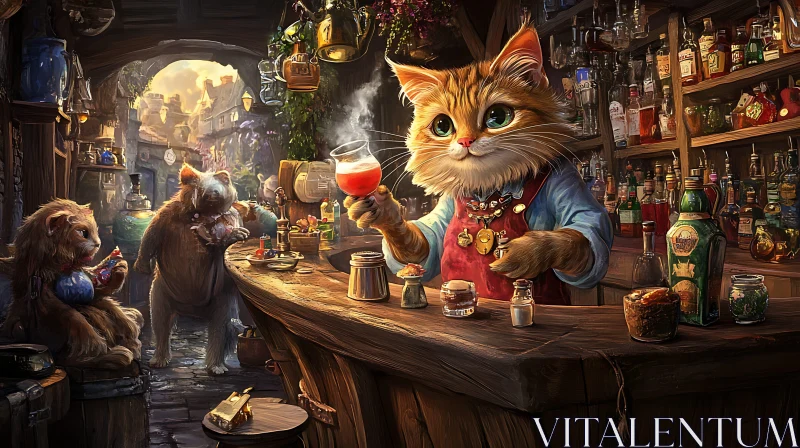 Fantasy Bar with Cat and Animal Characters AI Image