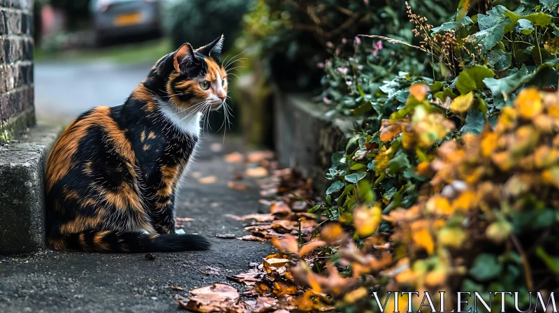 Calico Cat in an Autumn Garden AI Image