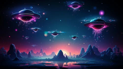 Alien Planet Landscape with Stars and UFOs