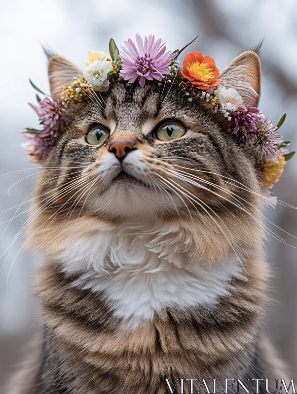 Regal Feline with Flower Crown AI Image