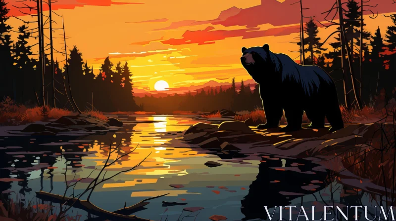 Bear at Riverside Sunset: Bold Graphic Illustration in Wilderness AI Image