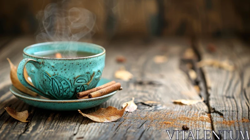 AI ART Blue Ceramic Cup of Tea on Saucer | Steaming Tea with Cinnamon Sticks