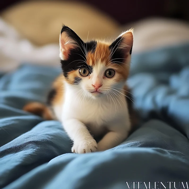 Charming Calico Kitten on Cozy Blue Bedspread AI Image