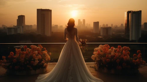 Cityscape Wedding: Bride Against Sunset-Infused Skies