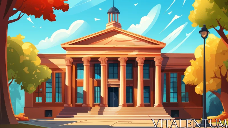 Classic Educational Building with Tall Columns and Trees AI Image