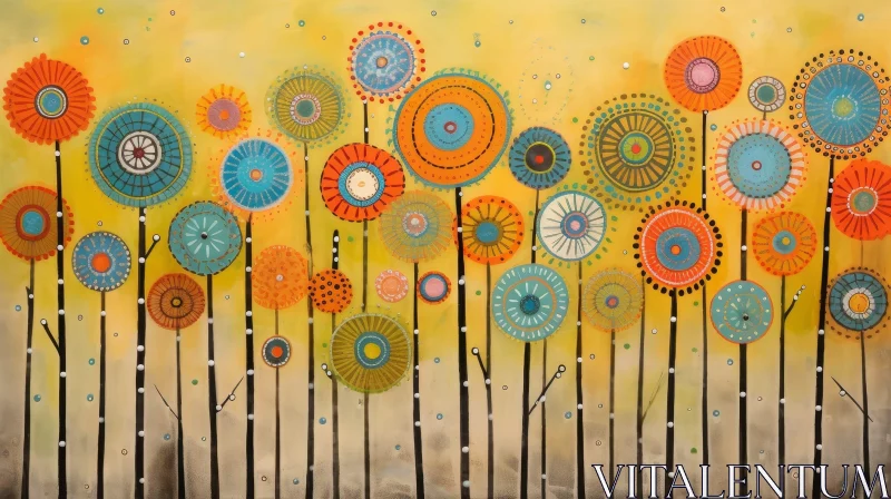 Colorful Flowers Abstract Painting on Yellow Background AI Image