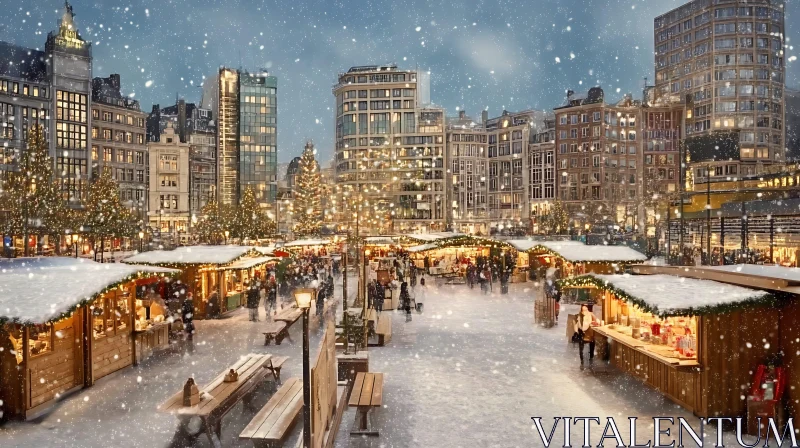 Festive Christmas Market in Snow-Covered Cityscape AI Image