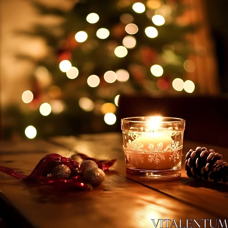 Cozy Christmas Scene with Candle and Festive Decor AI Image