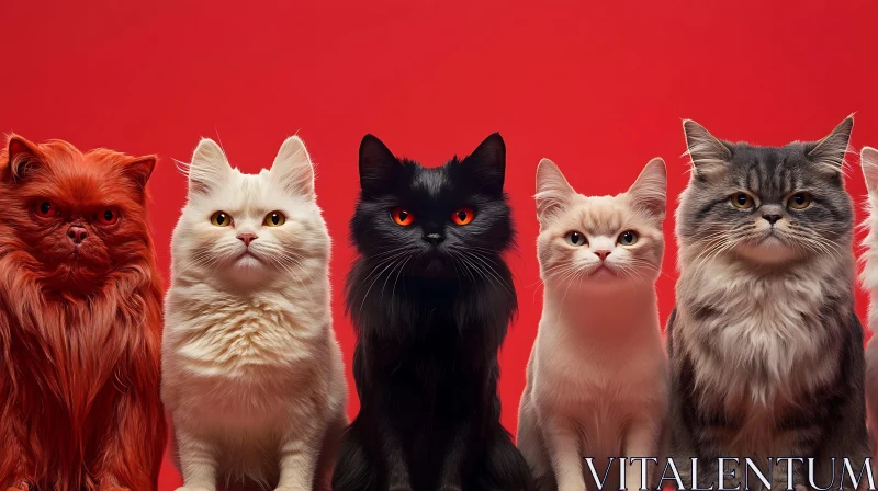 Diverse Group of Cats with Red Backdrop AI Image