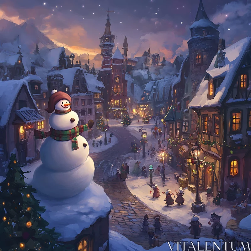 Festive Village Night with Joyful Snowman AI Image