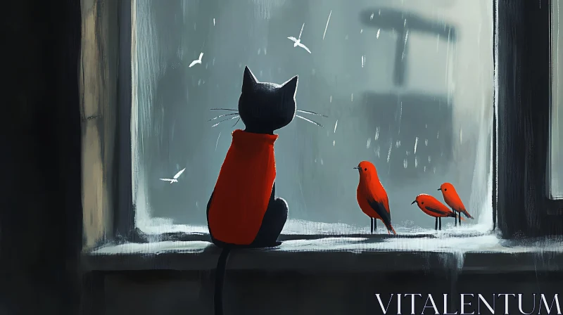 Cat and Birds in a Rainy Scene AI Image