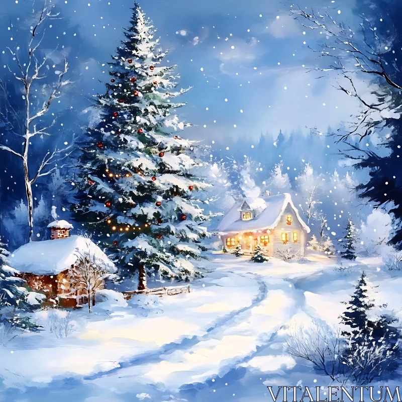 Serene Winter Scene with Festive Cottage and Snowfall AI Image