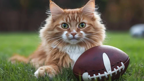 Tabby Cat with Football in Green Field