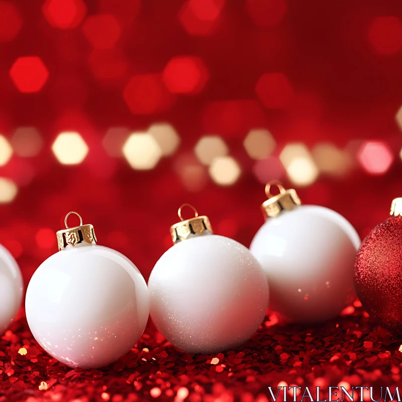 White Christmas Ornaments with Golden Caps on Red Background AI Image