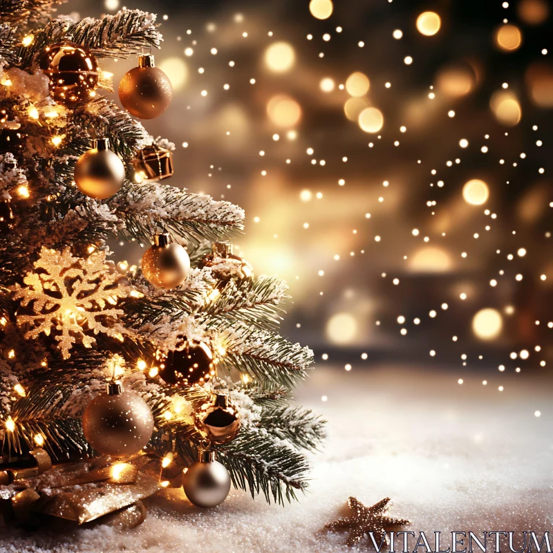 Festive Holiday Christmas Tree with Ornaments and Snow AI Image