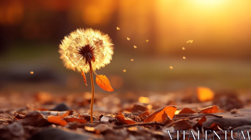 Dandelion Amidst Autumn Leaves in Golden Sunlight AI Image