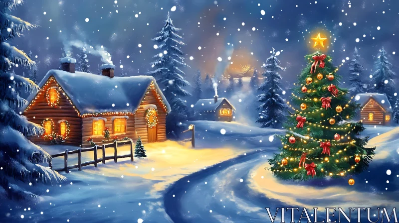 Scenic Winter Christmas Cabin AI Image