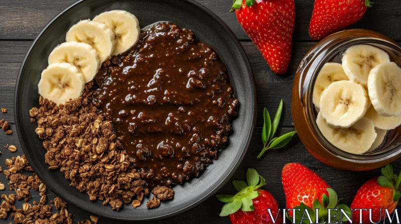 Delicious Chocolate Pudding with Bananas and Strawberries | Artistic Food Photography AI Image