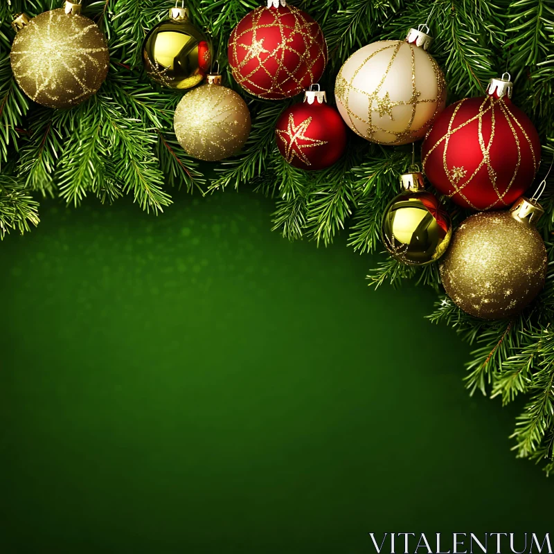 Holiday Ornaments on Pine Branches AI Image