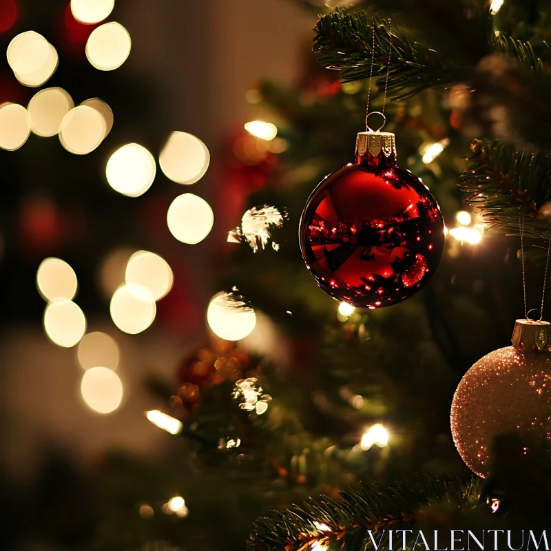 Holiday Tree with Glossy Red Ornament AI Image